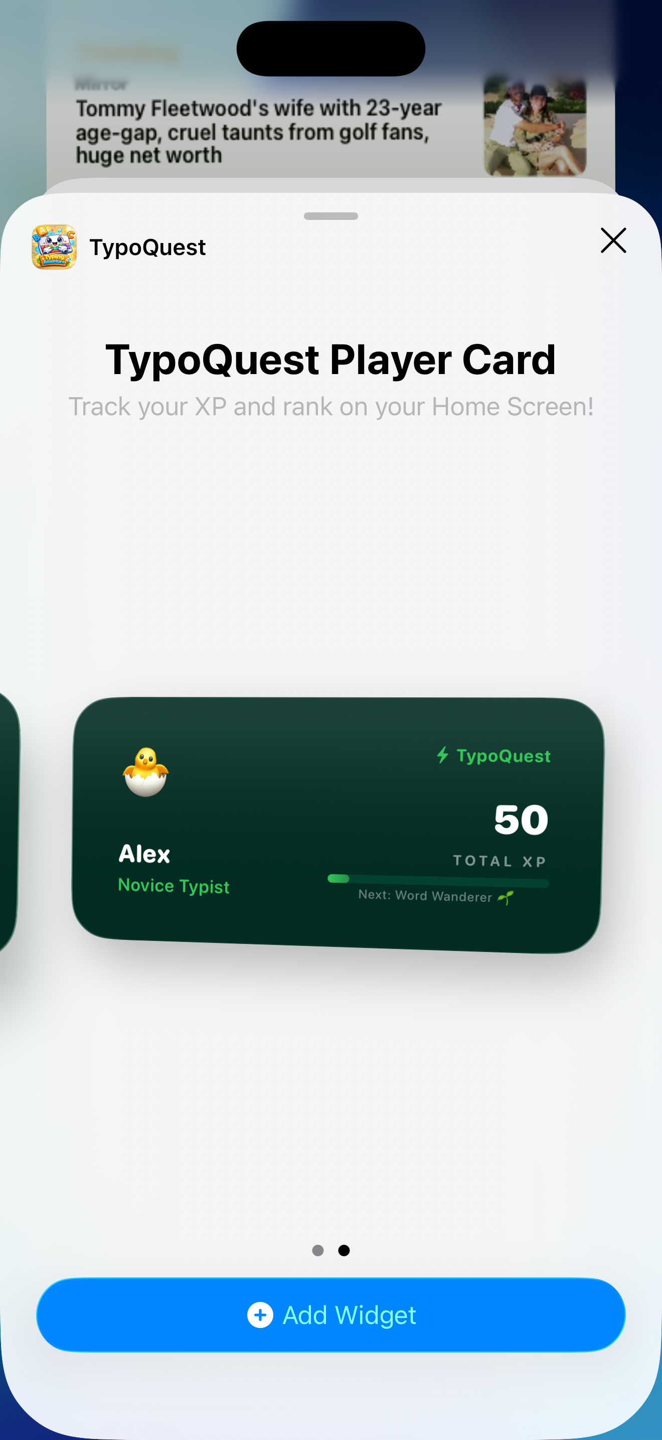 Typo Quest Home Screen XP Widget